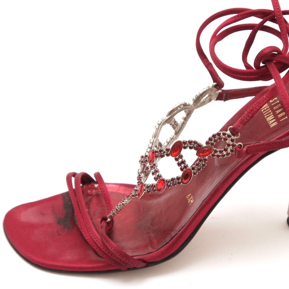 STUART WEITZMAN Sandals Red Satin Glass Heels Strappy 6.5M - Picture 2 of 10